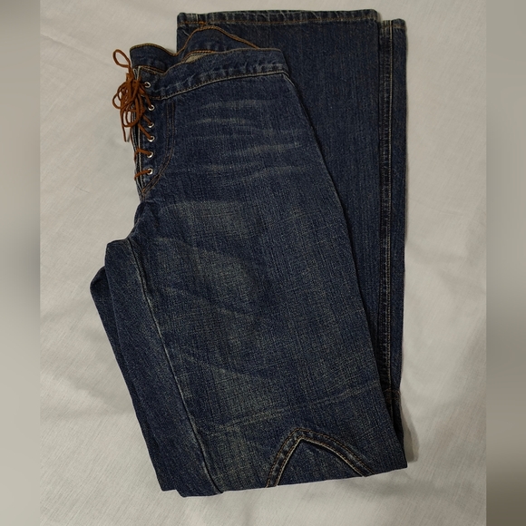 Vintage GUESS Lace-Up Jeans - Dark Wash - Size 27 - Wide Flare Leg - Picture 3 of 12